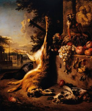 Gibier mort, singe et fruits devant un paysage by Jan Weenix Oil Painting