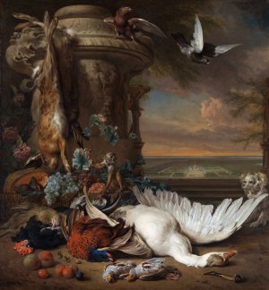 Hunting and Fruit Still Life next to a Garden Vase, with a Monkey, Dog and two Doves by Jan Weenix Oil Painting