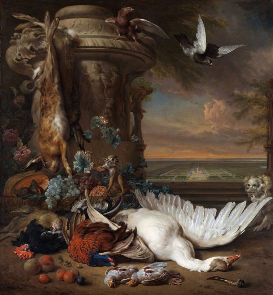 Main Product Photo of Hunting and Fruit Still Life next to a Garden Vase, with a Monkey, Dog and two Doves  Painting by Jan Weenix