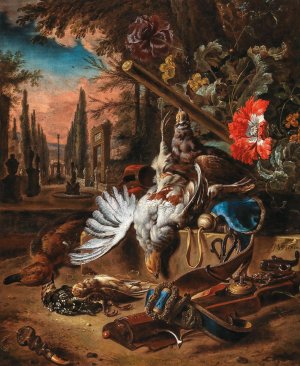 Partridges, songbirds, a duck, a gun and a quailwistle in a parkland landscape by Jan Weenix Oil Painting