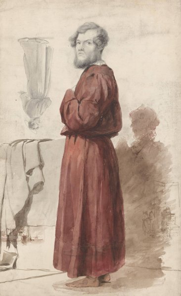Main Product Photo of Figuurstudies met een staande man in rode kamerjas  Painting by Jan Weissenbruch