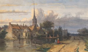 Gezicht op een dorp aan een vaart by Jan Weissenbruch Oil Painting