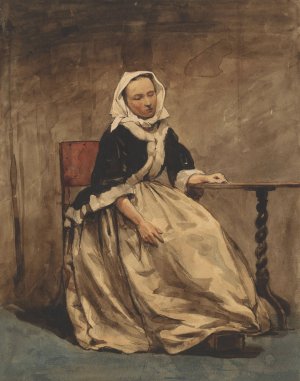 Zittende vrouw naast een kleine tafel by Jan Weissenbruch Oil Painting