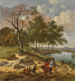 A river landscape with elegant travelers and a beggar in a dune landscape by Jan Wijnants Oil Painting