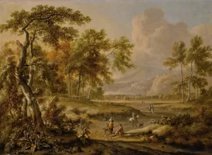 An extensive landscape with figures on a path in the foreground Oil painting by Jan Wijnants
