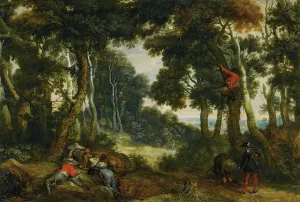 A Wooded Landscape With Brigands Playing Dice, Another Brigand Up In A Tree, On The Lookout by Jan Wildens Oil Painting