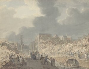 Gezicht op de ruines op het Rapenburg te Leiden na de ontploffing van het kruitschip op 12 januari 1807 by Jan Willem Pieneman Oil Painting