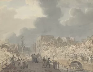 Gezicht op de ruines op het Rapenburg te Leiden na de ontploffing van het kruitschip op 12 januari 1807 by Jan Willem Pieneman Oil Painting
