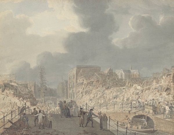 Gezicht op de ruines op het Rapenburg te Leiden na de ontploffing van het kruitschip op 12 januari 1807  by Jan Willem Pieneman - Hand-Painted Oil Painting Reproduction