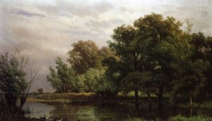A Wooded River Landscape with Ducks on a Bank