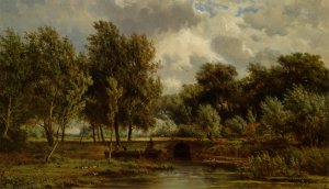 Figures on a Boat in a Summer Landscape by Jan Willem Van Borselen Oil Painting