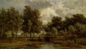 Figures on a Boat in a Summer Landscape by Jan Willem Van Borselen - Oil Painting Reproduction