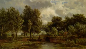 Figures on a Boat in a Summer Landscape Oil painting by Jan Willem Van Borselen