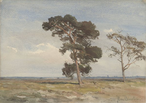 Gezicht op de heide met twee bomen  by Jan Willem Van Borselen - Hand-Painted Oil Painting Reproduction
