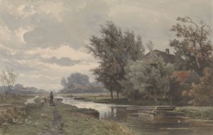 Herder met schapen bij boerderij aan water by Jan Willem Van Borselen Oil Painting