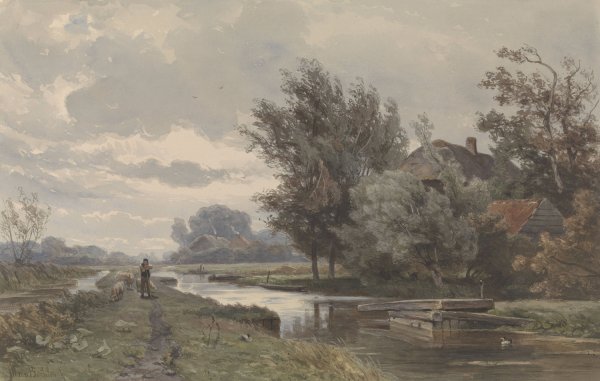 Herder met schapen bij boerderij aan water  by Jan Willem Van Borselen - Hand-Painted Oil Painting Reproduction