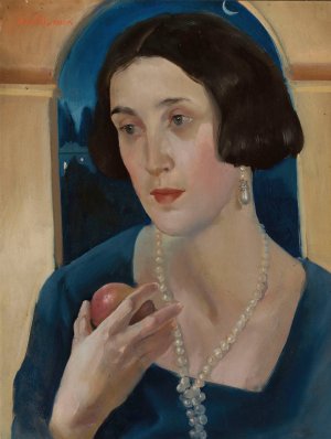 Portrait of a woman with an apple by Jan Wydra Oil Painting