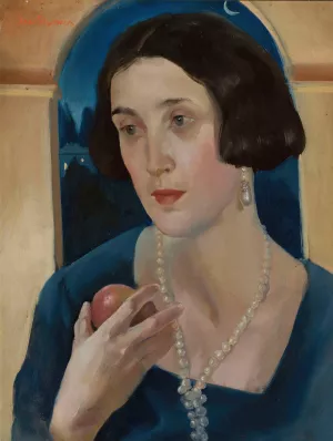 Portrait of a woman with an apple by Jan Wydra Oil Painting