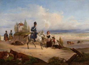 Military patrol and peasants by January Suchodolski Oil Painting