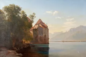 Castle by Lake Geneva by Janus La Cour Oil Painting