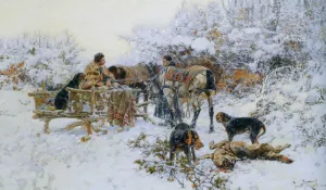 A Winter Hunt by Jaroslav Fr. Julius Vesin - Oil Painting Reproduction