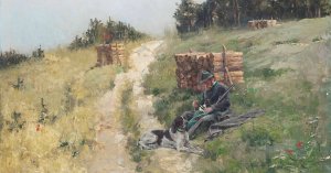 A hunter taking refreshment by Jaroslav Vesin Oil Painting