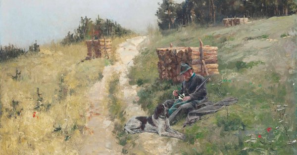 Main Product Photo of A hunter taking refreshment  Painting by Jaroslav Vesin