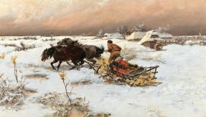 A Sleigh Ride in Winter by Jaroslav Vesin Oil Painting