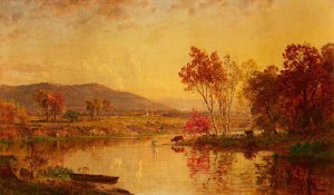 An Autumn Landscape with Cattle Watering at a River by Jasper Francis Cropsey Oil Painting