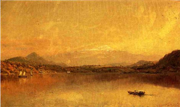 Main Product Photo of Autumn Landscape with Boaters on a Lake Painting by Jasper Francis Cropsey