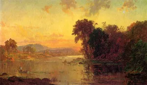 Fisherman in Autumn Landscape by Jasper Francis Cropsey - Oil Painting Reproduction