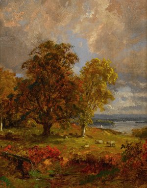 Landscape With Trees And Sheep Near A Copse by Jasper Francis Cropsey Oil Painting