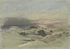 Sunset from a Rocky Coastline by Jean-Achille Benouville Oil Painting