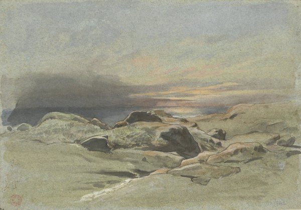 Sunset from a Rocky Coastline  by Jean-Achille Benouville - Hand-Painted Oil Painting Reproduction