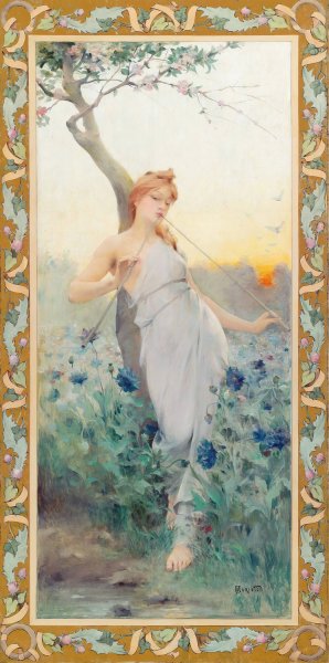 Main Product Photo of A Maiden Among The Flowers Painting by Jean Alfred Marioton