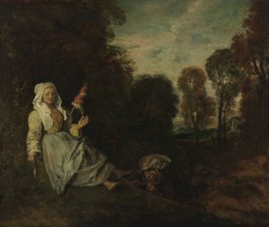 Evening Landscape with Spinner by Jean-Antoine Watteau Oil Painting