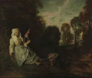 Evening Landscape with Spinner Oil painting by Jean-Antoine Watteau