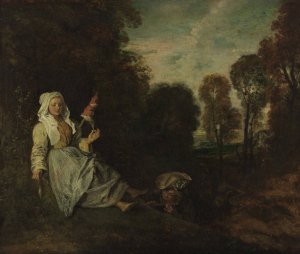 Evening Landscape with Spinner by Jean-Antoine Watteau Oil Painting