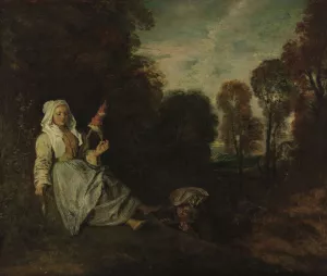 Evening Landscape with Spinner Oil painting by Jean-Antoine Watteau