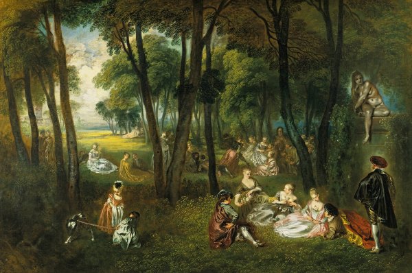 Fete galante in a Wooded Landscape  by Jean-Antoine Watteau - Hand-Painted Oil Painting Reproduction