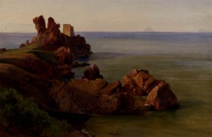 A Rocky Outcrop With A Moored Boat And Ruined Watchtower, Cefalu by Jean-Baptiste-Adolphe Gibert Oil Painting