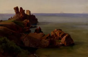 A Rocky Outcrop With A Moored Boat And Ruined Watchtower, Cefalu by Jean-Baptiste-Adolphe Gibert Oil Painting