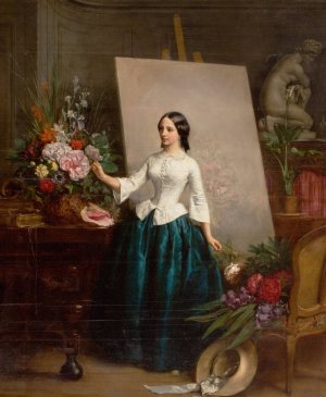 Woman Flower Painter at the Easel Oil painting by Jean-Baptiste-Antoine-Emile Beranger