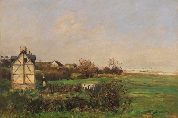 Main Product Photo of Landschaft mit Fachwerkhaus und Bauerin  Painting by Jean-Baptiste Antoine Guillemet