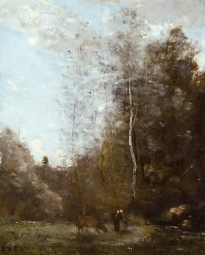 A Cow Grazing Beneath a Birch Tree Oil painting by Jean-Baptiste-Camille Corot