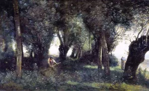 A Man Scything by a Willow Grove by Jean-Baptiste-Camille Corot Oil Painting