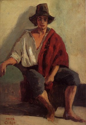 A Seated Italian from Paeigno Facing Front by Jean-Baptiste-Camille Corot Oil Painting