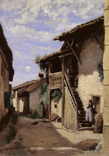 A Village Street, Dardagny by Jean-Baptiste-Camille Corot - Hand-Painted Oil Painting Reproduction