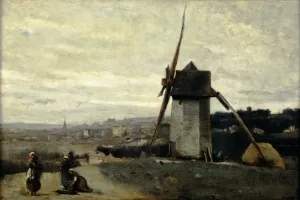 A Windmill, Etretat by Jean-Baptiste-Camille Corot Oil Painting