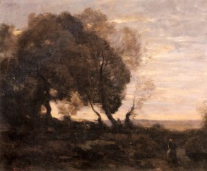 Arbres Tordus Sur Une Crete Soleil Couchant by Jean-Baptiste-Camille Corot Oil Painting